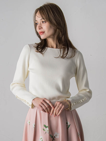 袖フリルパールリブニット