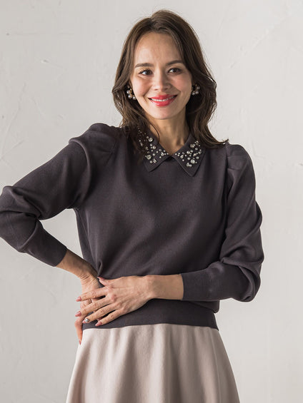 【新色追加】襟ビジューニット