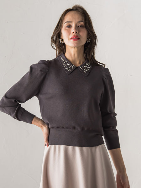 【新色追加】襟ビジューニット