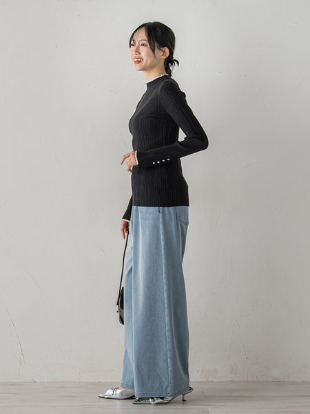 【新色追加】袖ボタンランダムリブニット≪手洗い可能≫