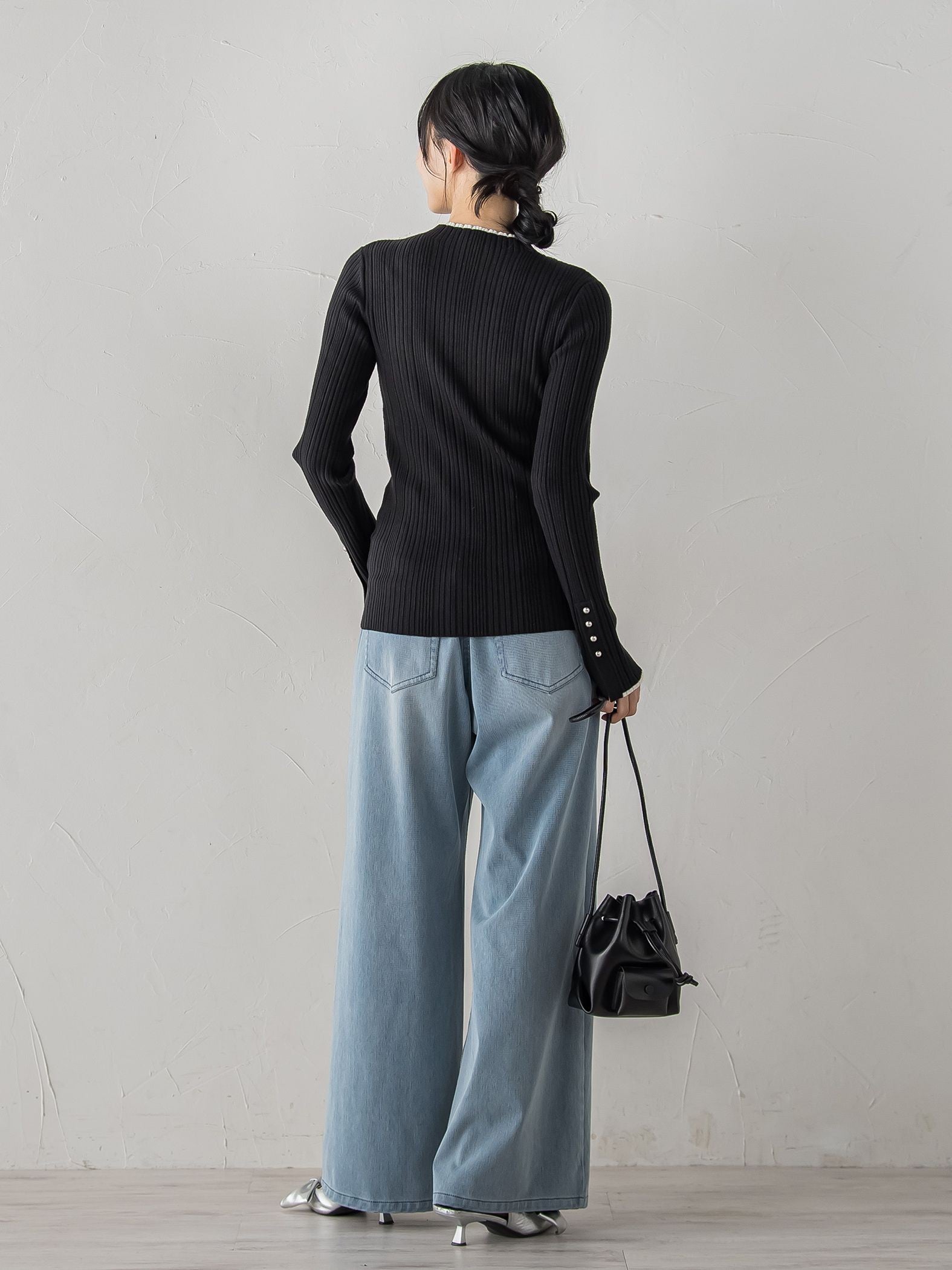 【新色追加】袖ボタンランダムリブニット≪手洗い可能≫