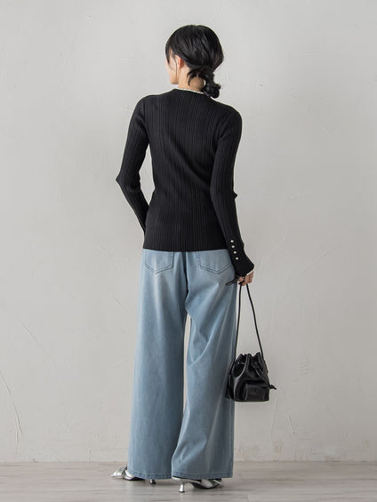 【新色追加】袖ボタンランダムリブニット≪手洗い可能≫