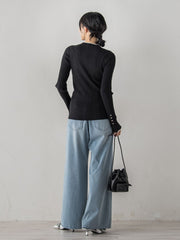 【新色追加】袖ボタンランダムリブニット≪手洗い可能≫