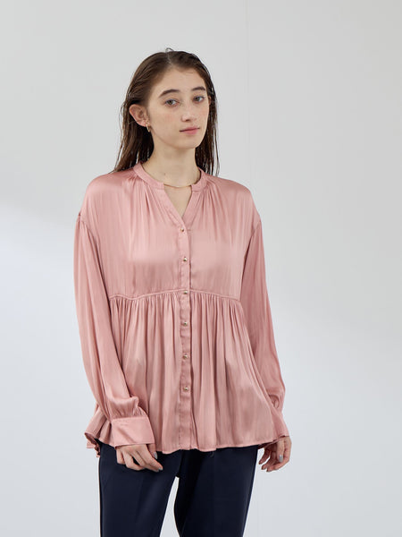 割繊サテンキーネックペプラムブラウス≪手洗い可能≫