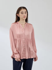 割繊サテンキーネックペプラムブラウス≪手洗い可能≫