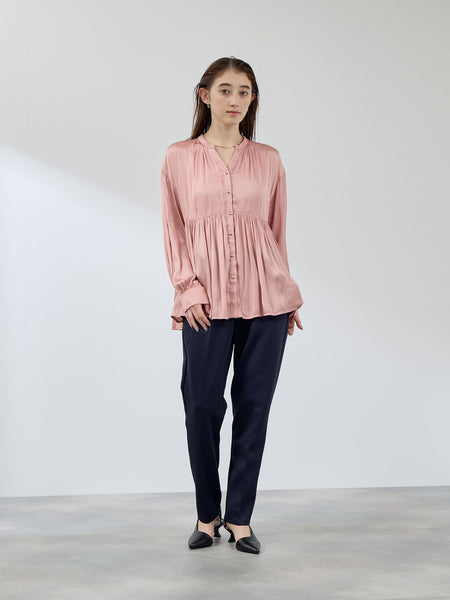 割繊サテンキーネックペプラムブラウス≪手洗い可能≫