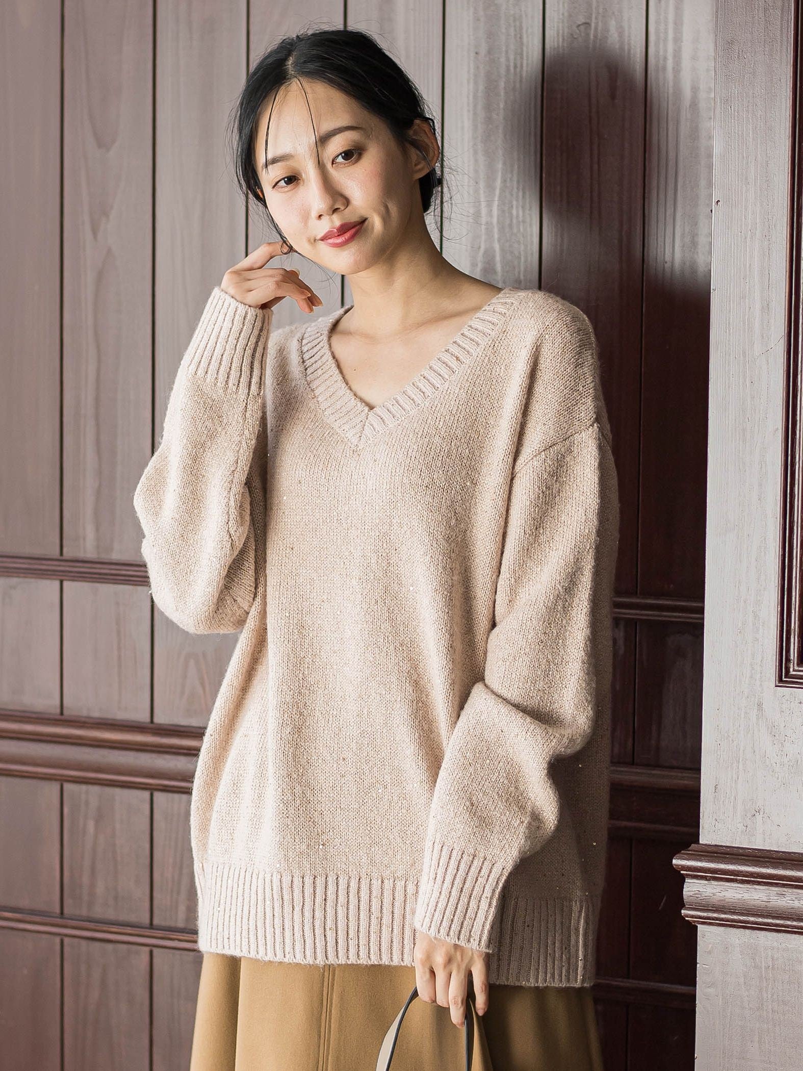 スパンコールVネックニット≪手洗い可能≫