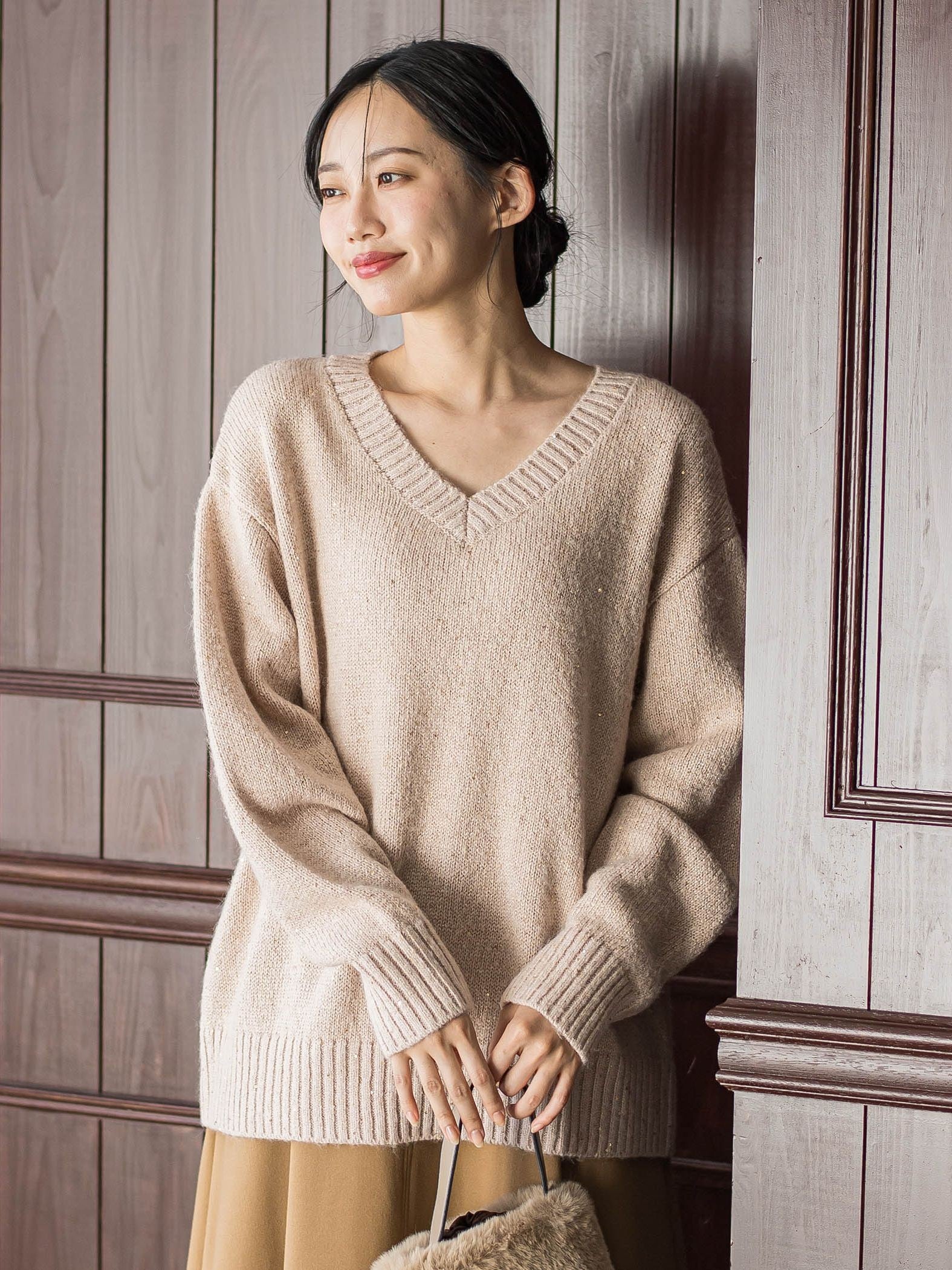 スパンコールVネックニット≪手洗い可能≫