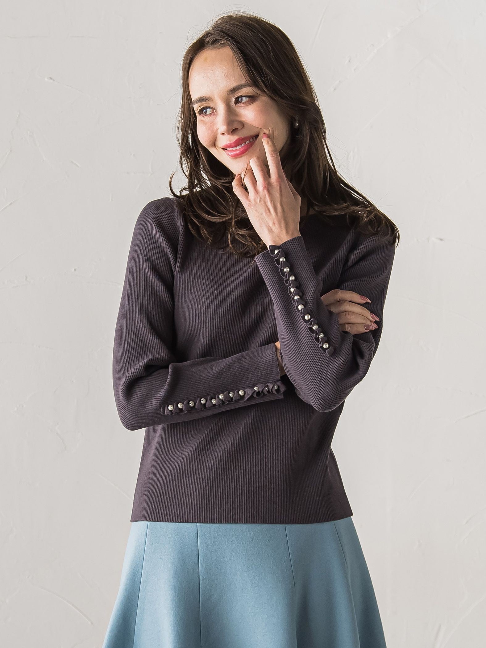 袖フリルパールリブニット