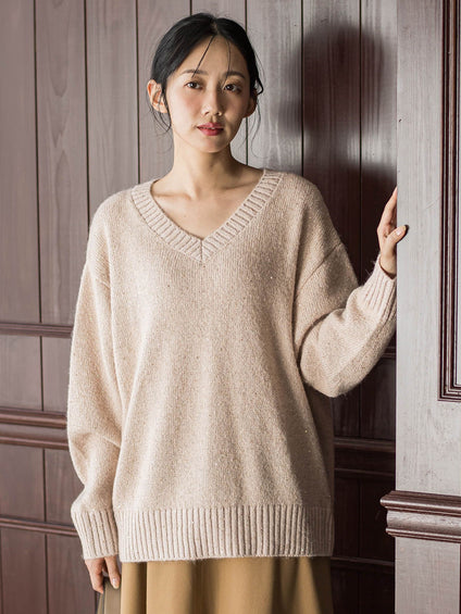 スパンコールVネックニット≪手洗い可能≫