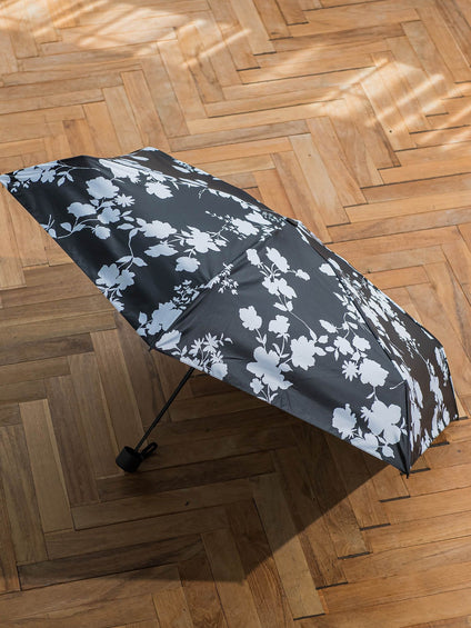 【晴雨兼用】モノトーンフラワー折りたたみ傘ブラック