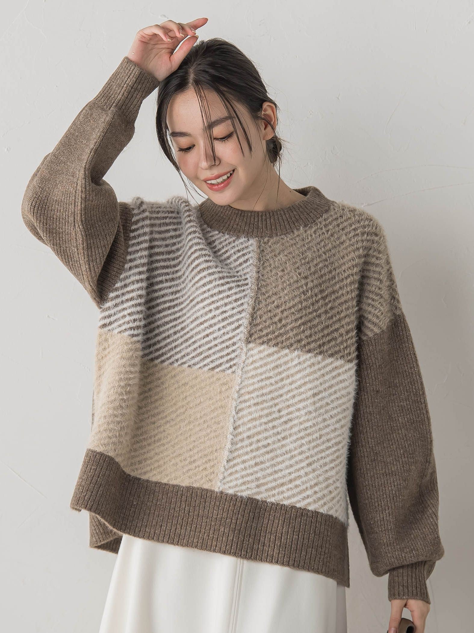 シャギージャガード切替えニット≪手洗い可能≫