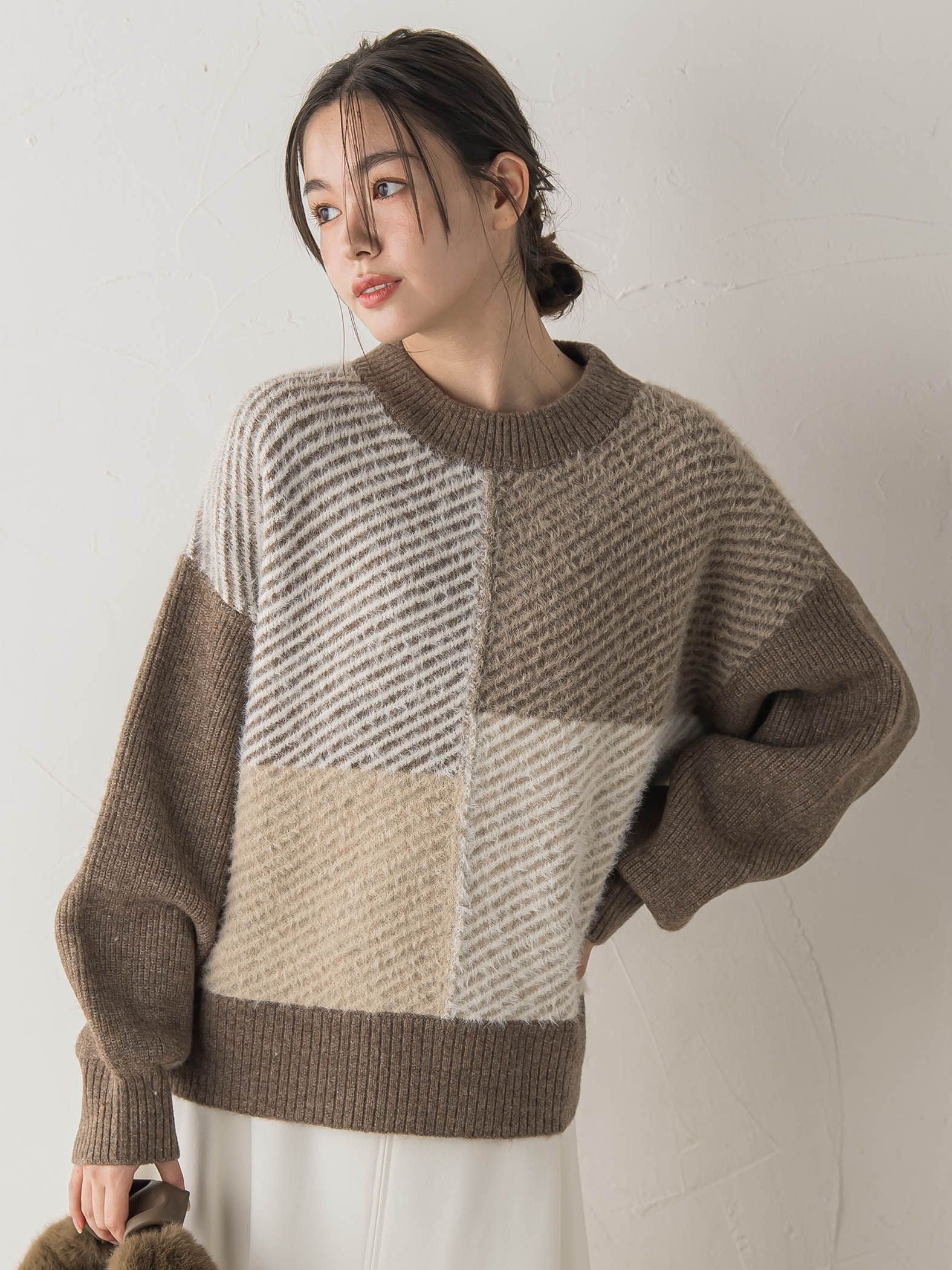 シャギージャガード切替えニット≪手洗い可能≫