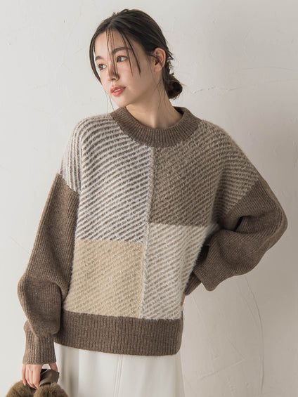 シャギージャガード切替えニット≪手洗い可能≫