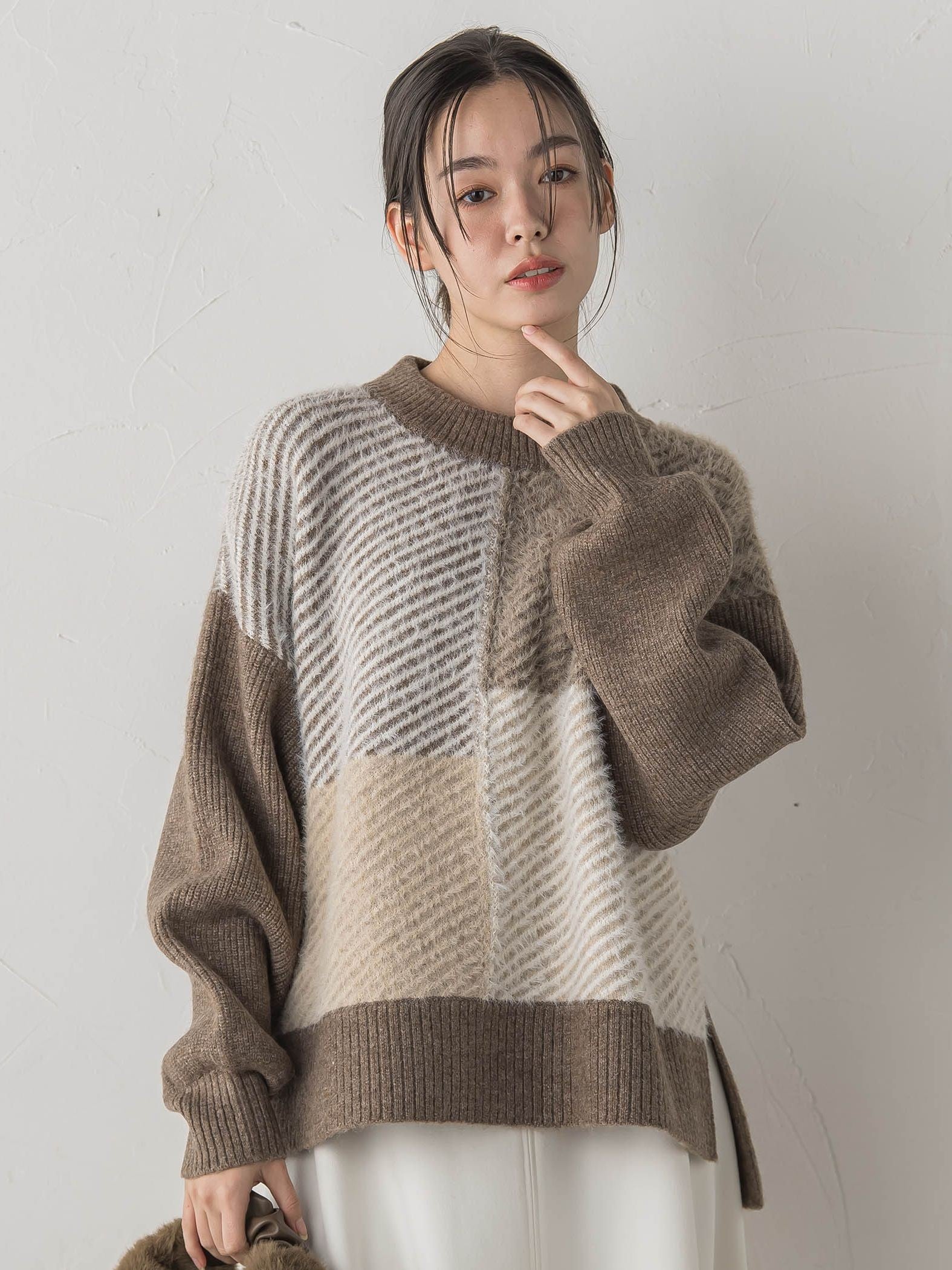 シャギージャガード切替えニット≪手洗い可能≫