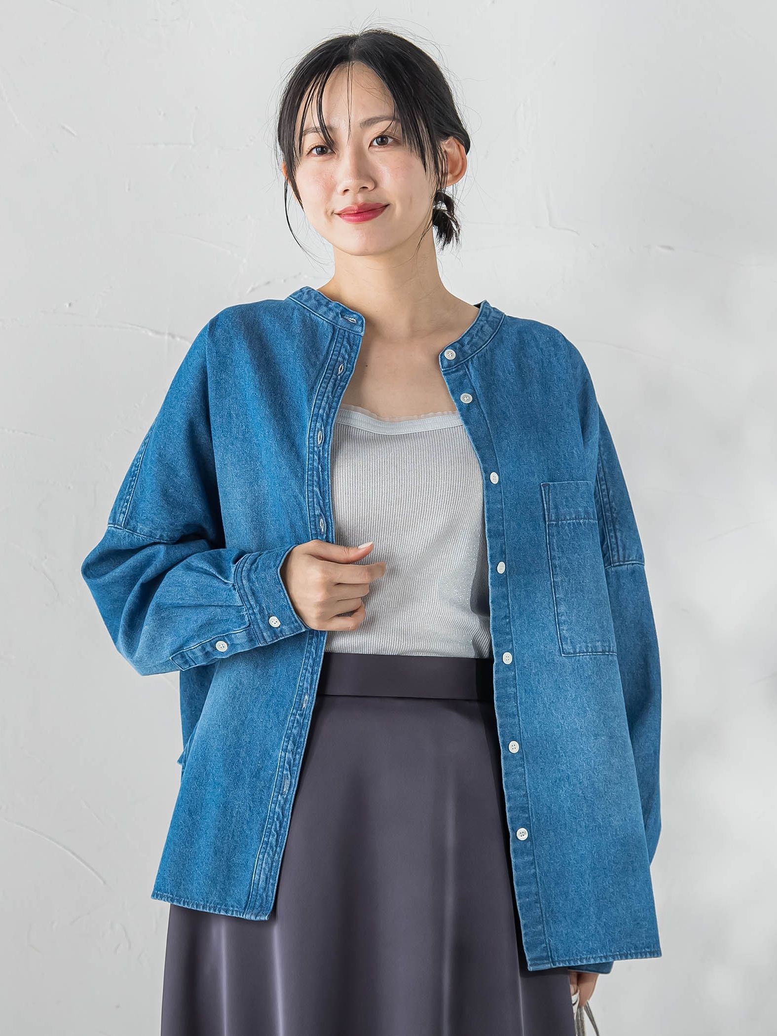 バンドカラーデニムシャツ≪洗濯機で洗える≫