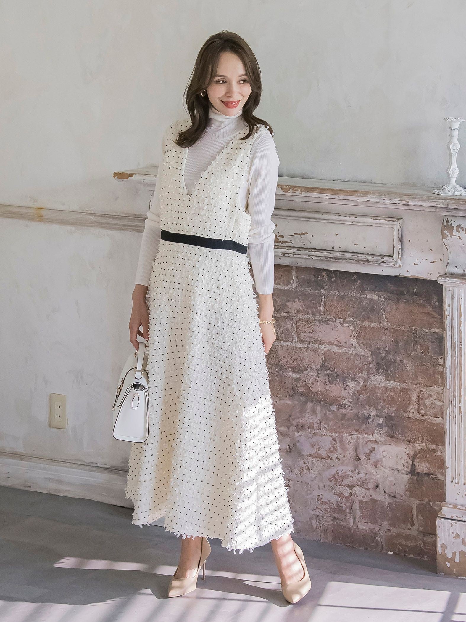 リボンドットツイードワンピース