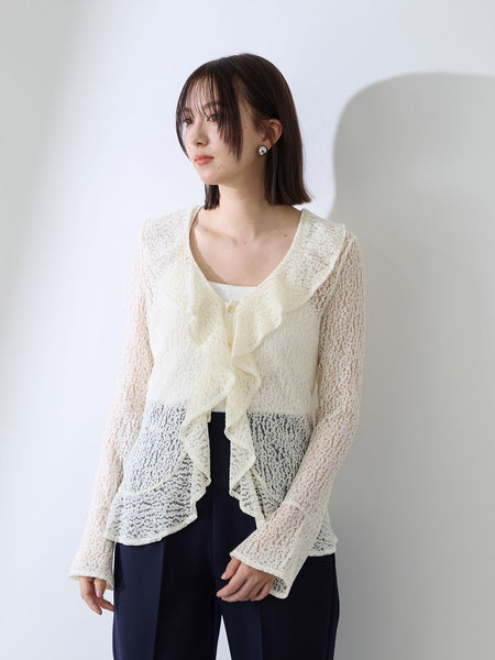 ストレッチレースラッフルカラートップス