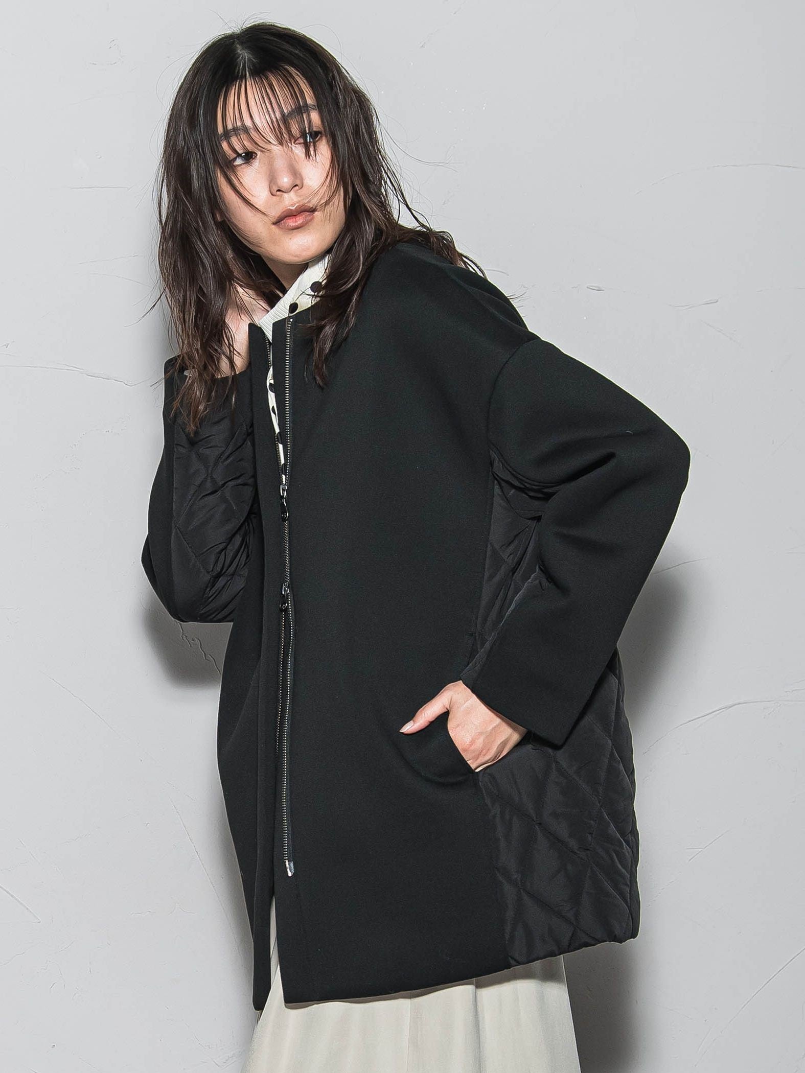 モスダンボール×中綿キルティングノーカラーコート≪手洗い可能≫