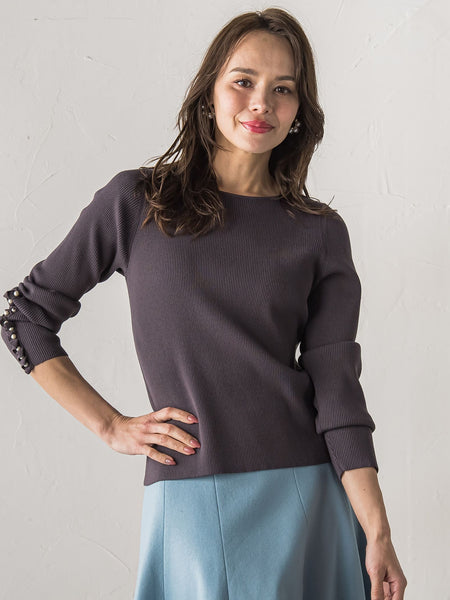 袖フリルパールリブニット