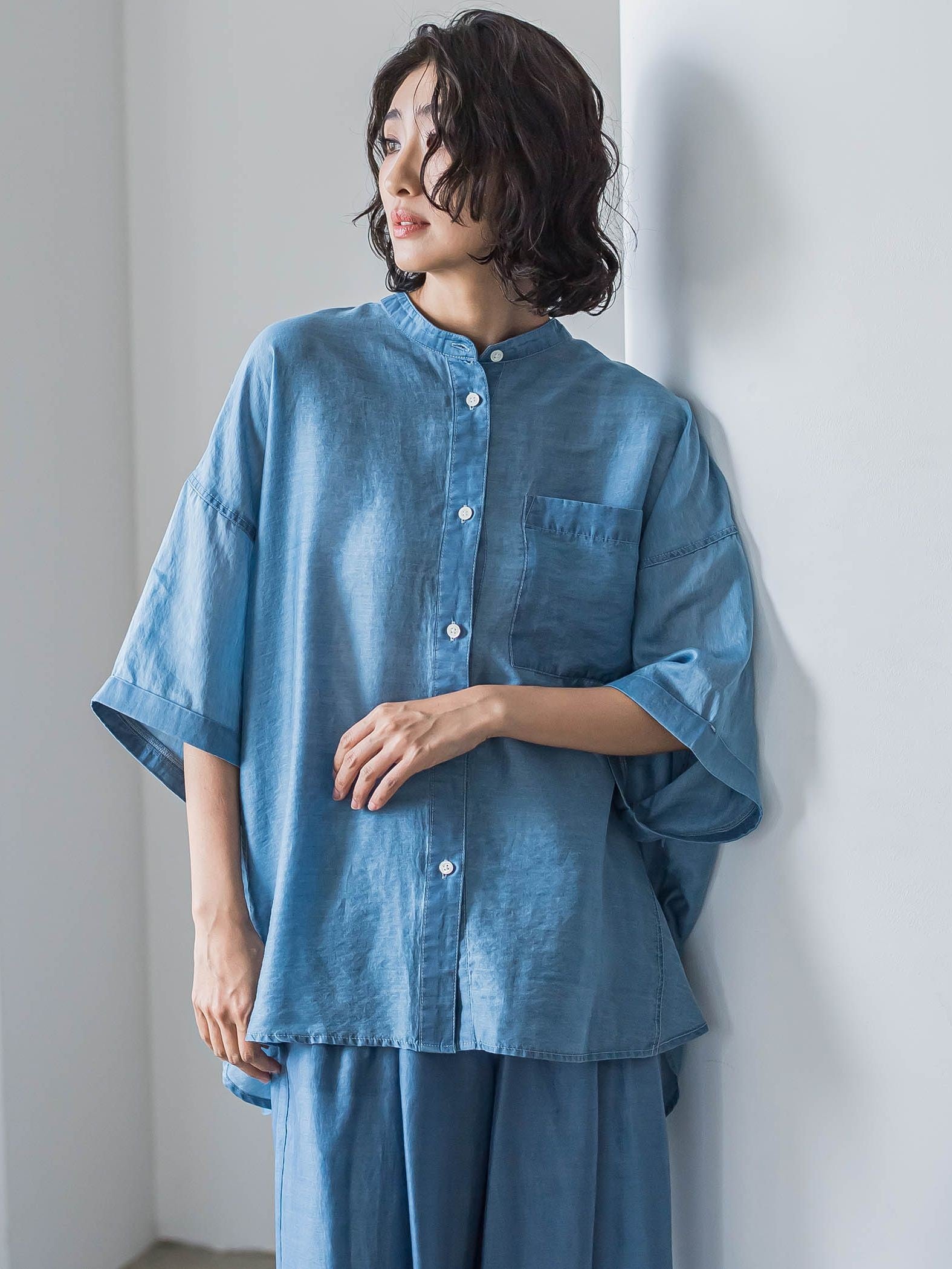 【大きいサイズ】【biyori】”風をまとう、大人のシアー”デニムシャツ≪洗濯機で洗える≫