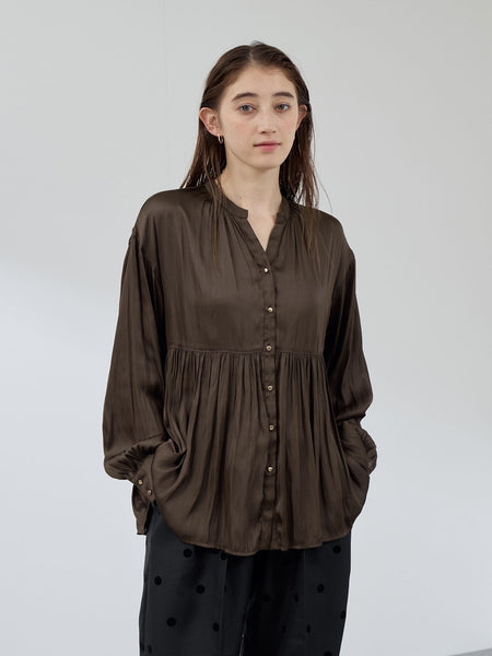 割繊サテンキーネックペプラムブラウス≪手洗い可能≫