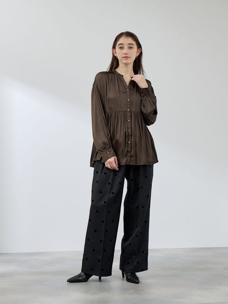 割繊サテンキーネックペプラムブラウス≪手洗い可能≫