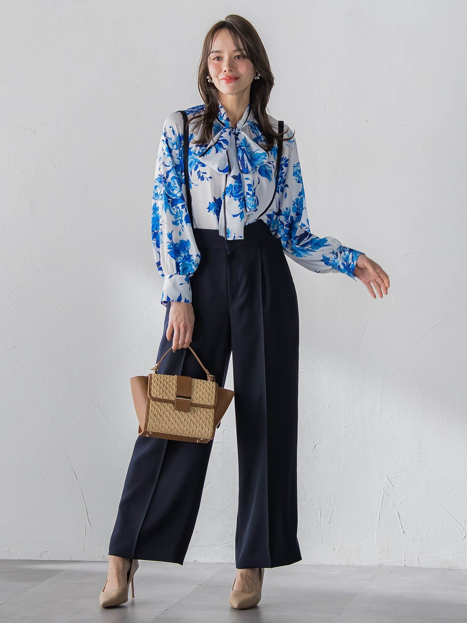 サスペンダー付きダブルサテンパンツ