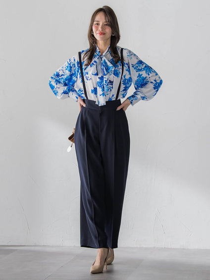 サスペンダー付きダブルサテンパンツ