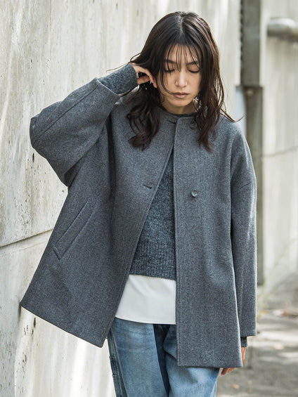 ライトジャージメルトンノーカラーミドルコート