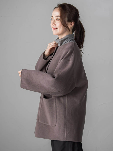 ノーカラーウールリバーコート