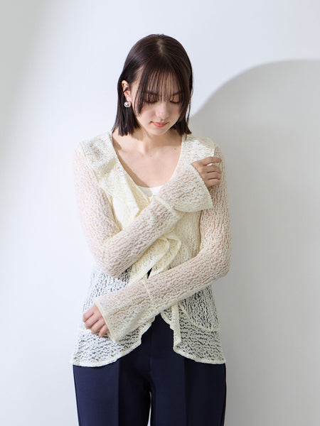 ストレッチレースラッフルカラートップス