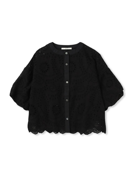 カットワーク刺繍バンドカラーブラウス