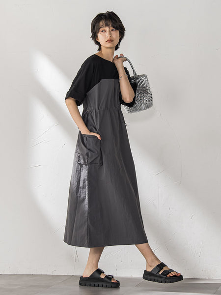 【WEB限定 / 新色追加】異素材ドッキングドロストワンピース≪洗濯機で洗える≫