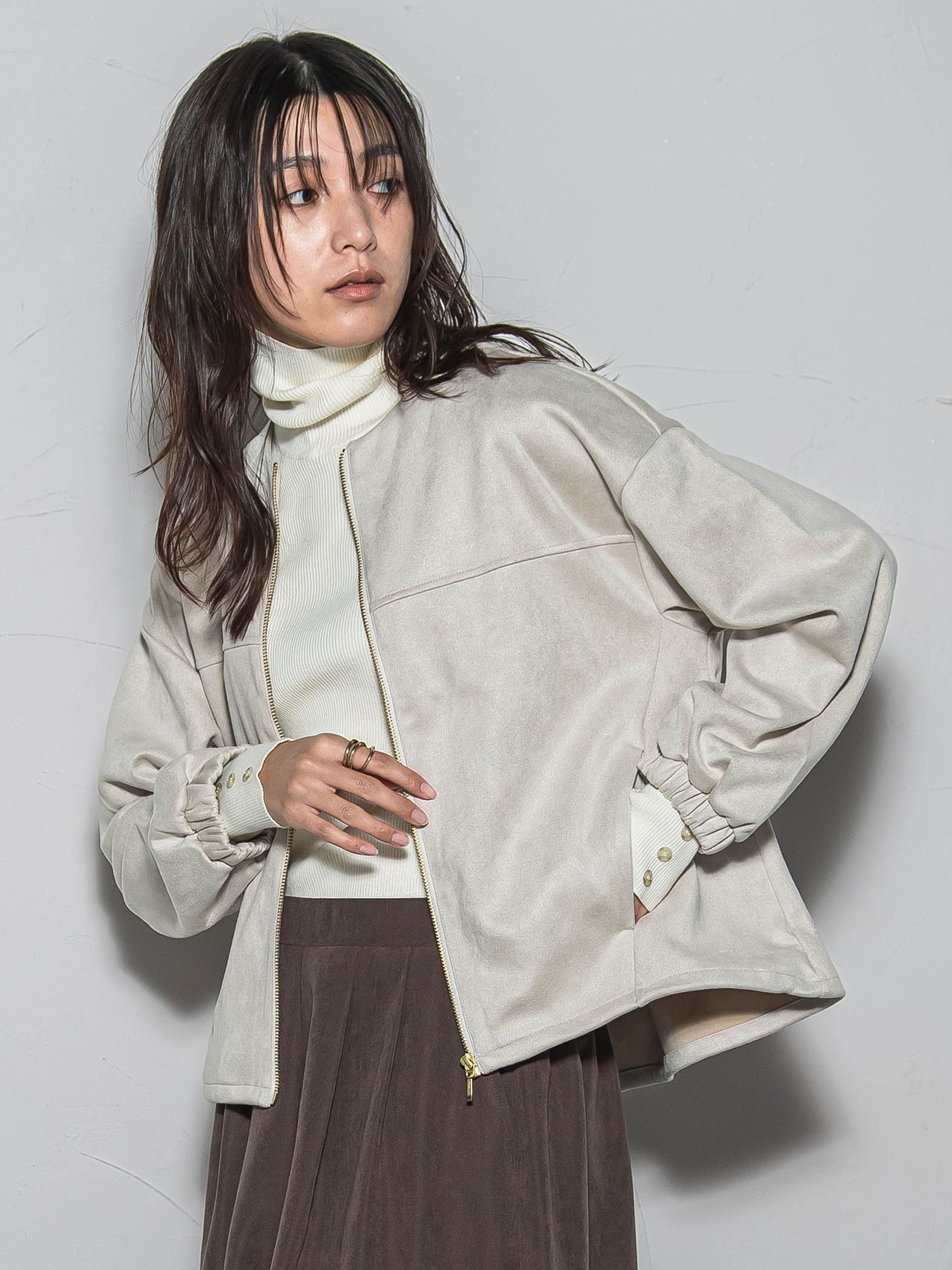 【WEB限定】マシュマロスウェードノーカラーブルゾン≪手洗い可能≫