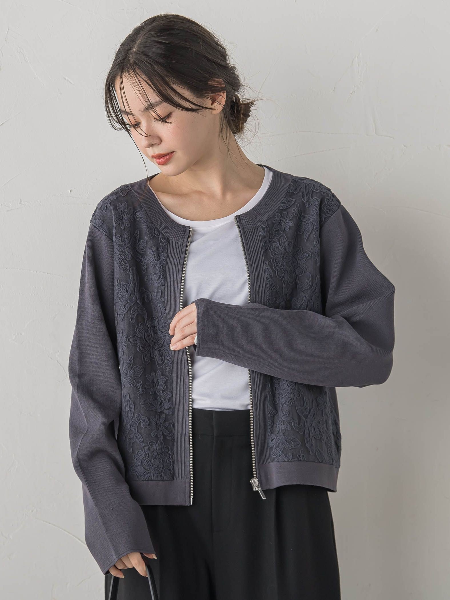 オーガンジー刺繍ミラノリブブルゾン≪手洗い可能≫