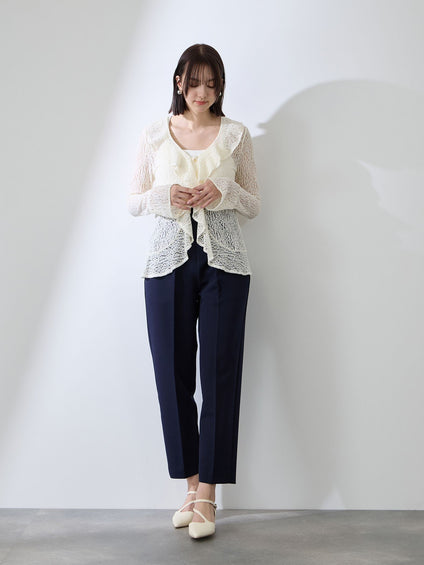 ストレッチレースラッフルカラートップス