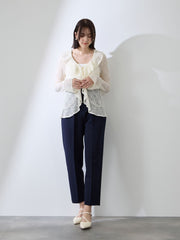 ストレッチレースラッフルカラートップス