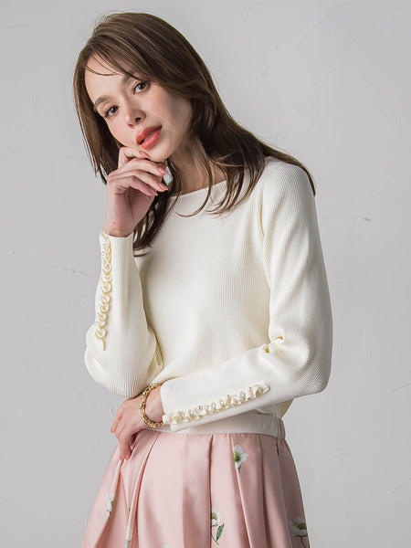 袖フリルパールリブニット