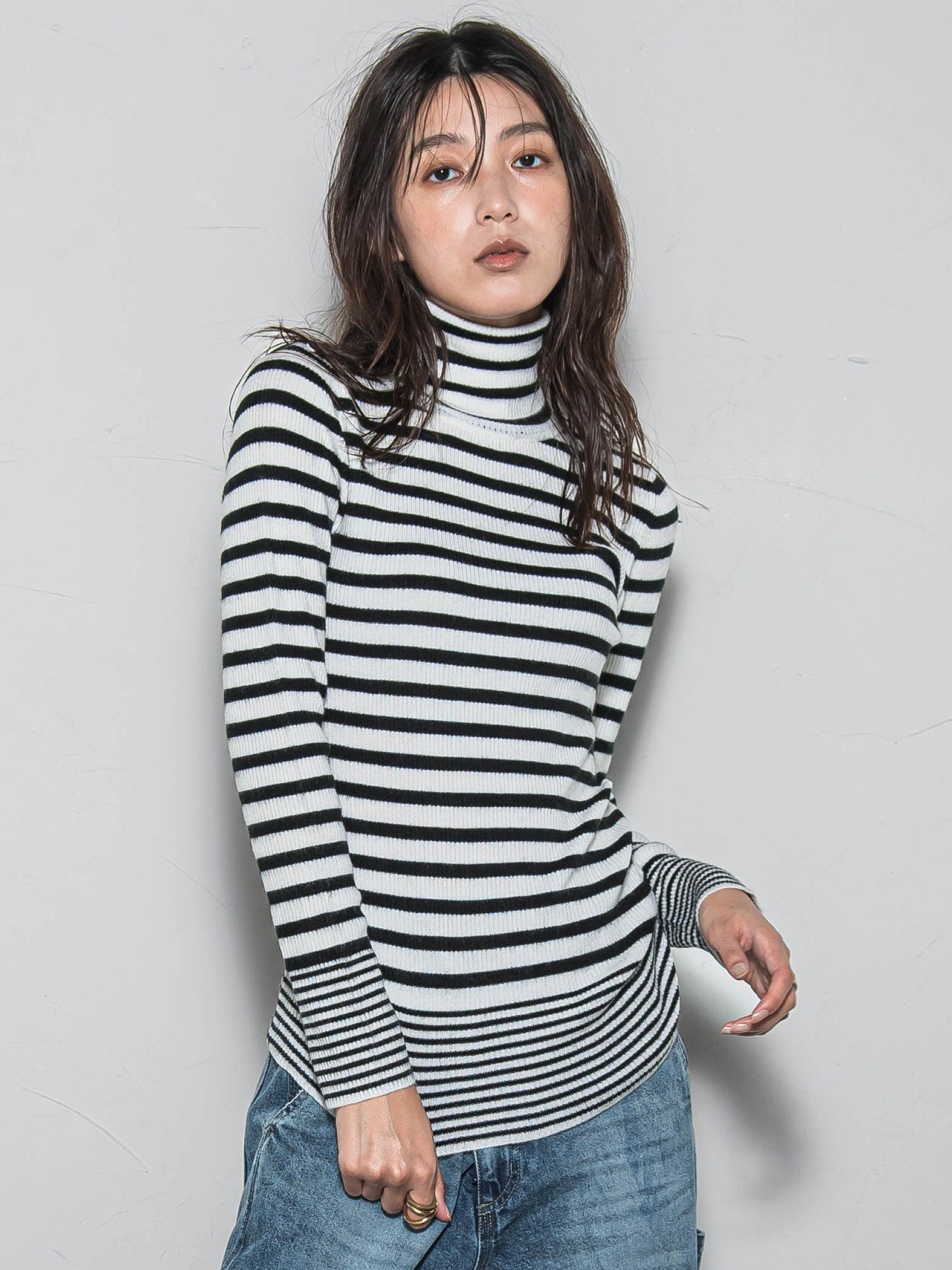 【WEB限定】タートルネックボーダーニットプルオーバー≪手洗い可能≫