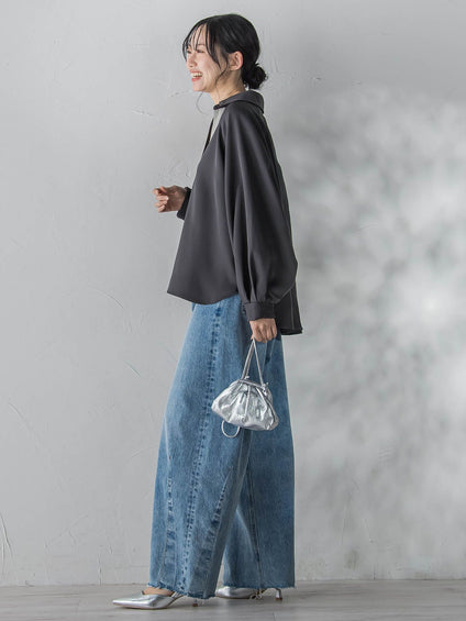 【WEB限定】パウダーストレッチ合わせネックブラウス≪手洗い可能≫