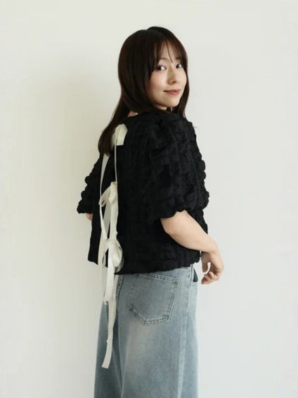 【小さいサイズ】シャーリングジャガードブラウス