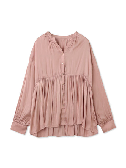 割繊サテンキーネックペプラムブラウス≪手洗い可能≫