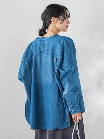 バンドカラーデニムシャツ≪洗濯機で洗える≫