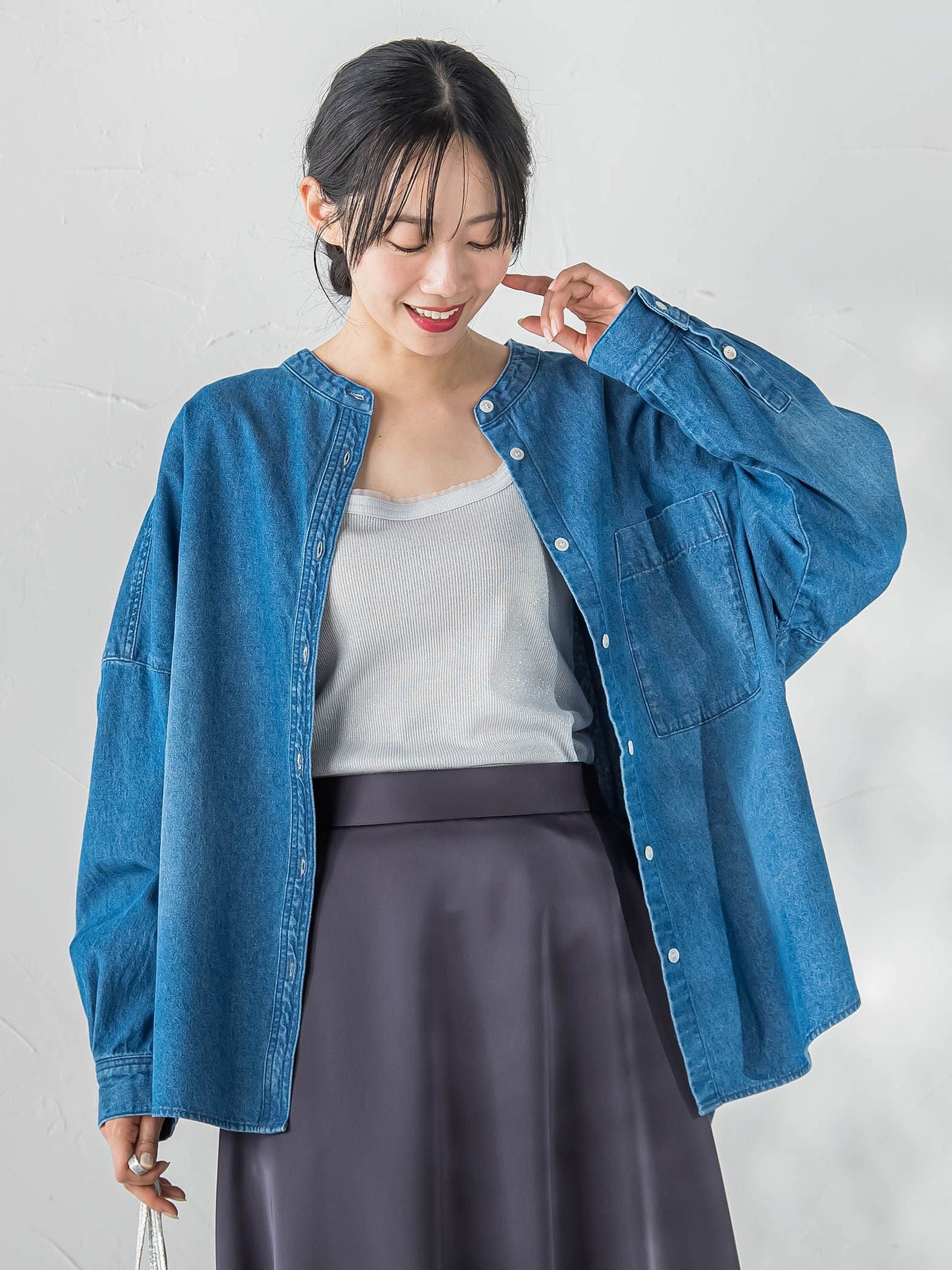 バンドカラーデニムシャツ≪洗濯機で洗える≫