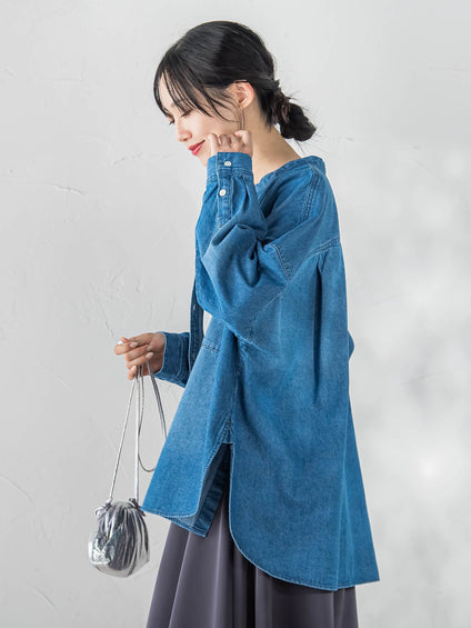 バンドカラーデニムシャツ≪洗濯機で洗える≫