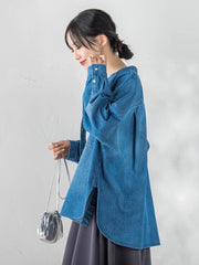 バンドカラーデニムシャツ≪洗濯機で洗える≫