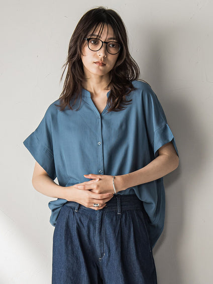 【WEB限定】バンドカラーリネンライクシャツ≪洗濯機で洗える≫
