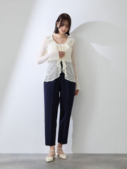 ストレッチレースラッフルカラートップス