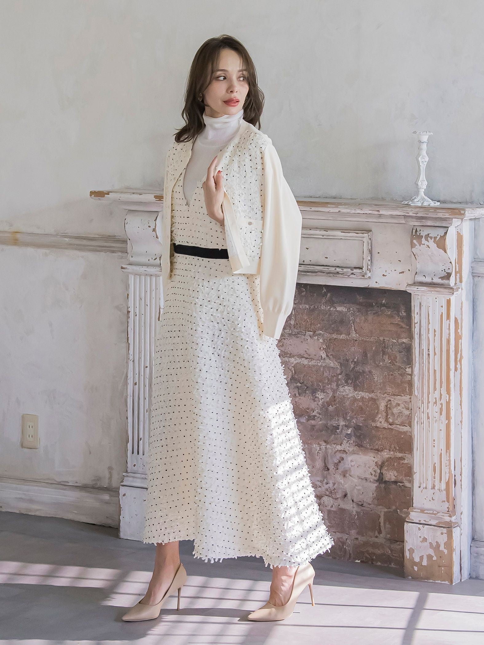 リボンドットツイードワンピース